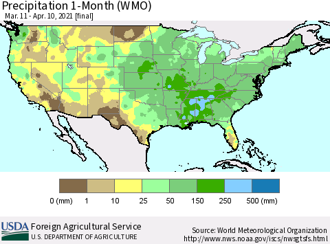 United States Precipitation 1-Month (WMO) Thematic Map For 3/11/2021 - 4/10/2021