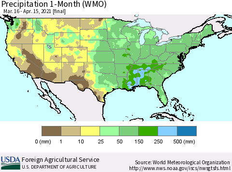 United States Precipitation 1-Month (WMO) Thematic Map For 3/16/2021 - 4/15/2021