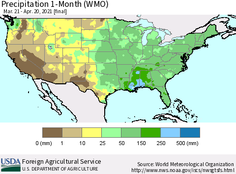 United States Precipitation 1-Month (WMO) Thematic Map For 3/21/2021 - 4/20/2021