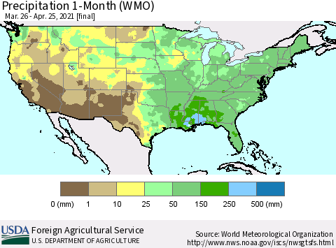 United States Precipitation 1-Month (WMO) Thematic Map For 3/26/2021 - 4/25/2021