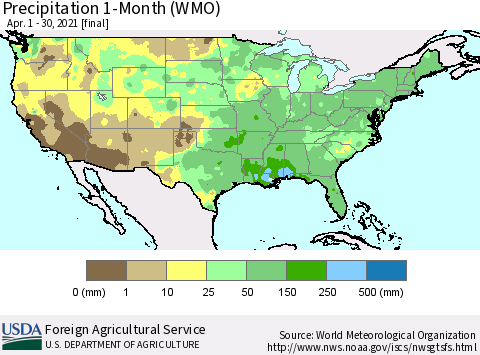 United States Precipitation 1-Month (WMO) Thematic Map For 4/1/2021 - 4/30/2021