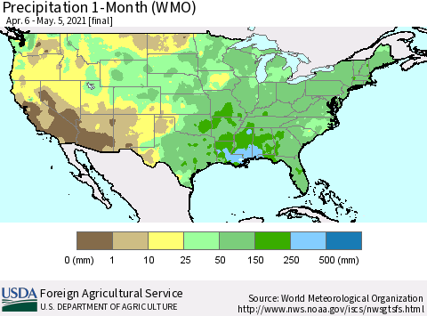 United States Precipitation 1-Month (WMO) Thematic Map For 4/6/2021 - 5/5/2021