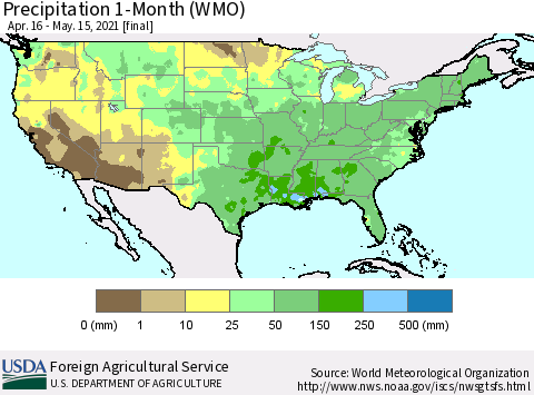 United States Precipitation 1-Month (WMO) Thematic Map For 4/16/2021 - 5/15/2021