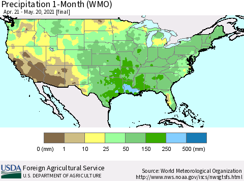 United States Precipitation 1-Month (WMO) Thematic Map For 4/21/2021 - 5/20/2021