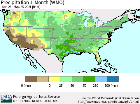 United States Precipitation 1-Month (WMO) Thematic Map For 4/26/2021 - 5/25/2021
