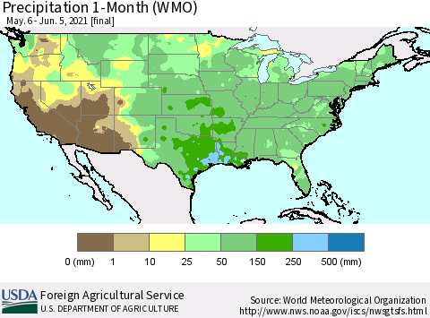 United States Precipitation 1-Month (WMO) Thematic Map For 5/6/2021 - 6/5/2021