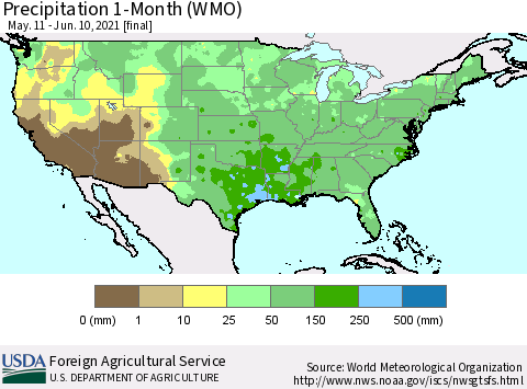 United States Precipitation 1-Month (WMO) Thematic Map For 5/11/2021 - 6/10/2021