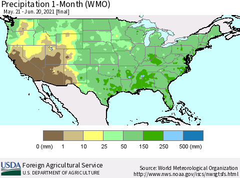 United States Precipitation 1-Month (WMO) Thematic Map For 5/21/2021 - 6/20/2021