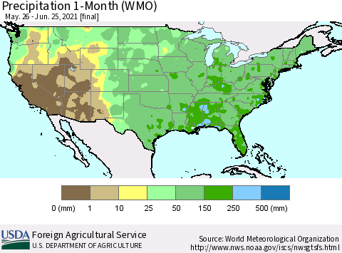 United States Precipitation 1-Month (WMO) Thematic Map For 5/26/2021 - 6/25/2021