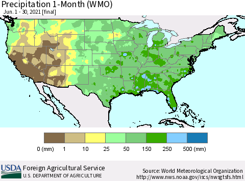 United States Precipitation 1-Month (WMO) Thematic Map For 6/1/2021 - 6/30/2021