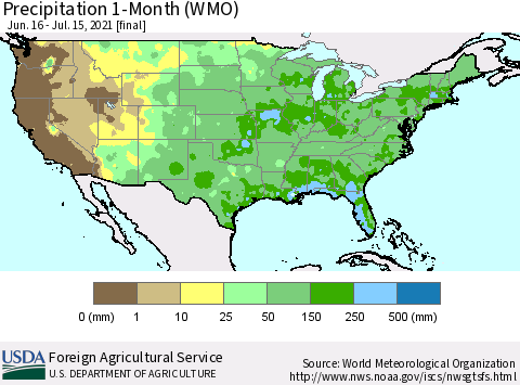 United States Precipitation 1-Month (WMO) Thematic Map For 6/16/2021 - 7/15/2021