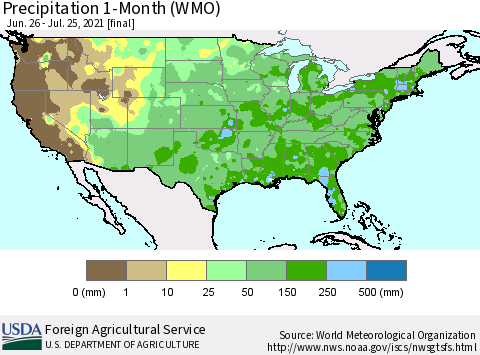 United States Precipitation 1-Month (WMO) Thematic Map For 6/26/2021 - 7/25/2021