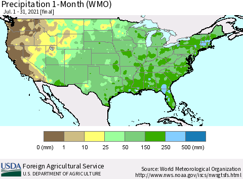 United States Precipitation 1-Month (WMO) Thematic Map For 7/1/2021 - 7/31/2021