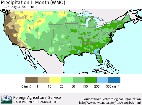 United States Precipitation 1-Month (WMO) Thematic Map For 7/6/2021 - 8/5/2021