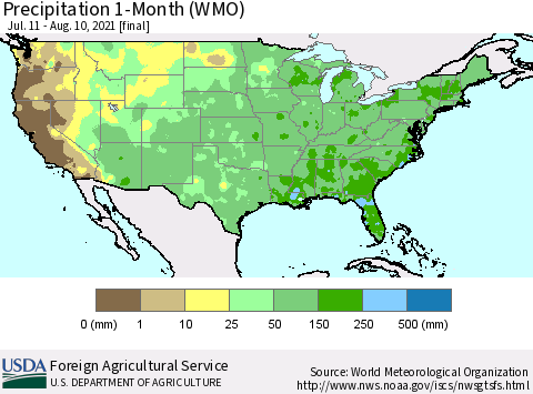 United States Precipitation 1-Month (WMO) Thematic Map For 7/11/2021 - 8/10/2021