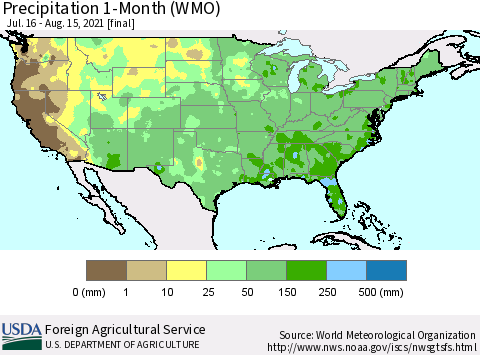 United States Precipitation 1-Month (WMO) Thematic Map For 7/16/2021 - 8/15/2021