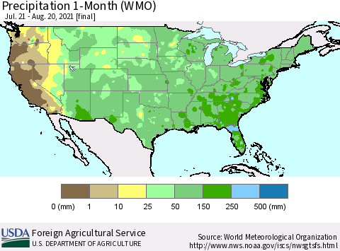 United States Precipitation 1-Month (WMO) Thematic Map For 7/21/2021 - 8/20/2021