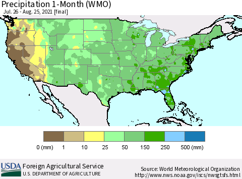 United States Precipitation 1-Month (WMO) Thematic Map For 7/26/2021 - 8/25/2021