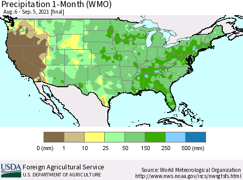 United States Precipitation 1-Month (WMO) Thematic Map For 8/6/2021 - 9/5/2021