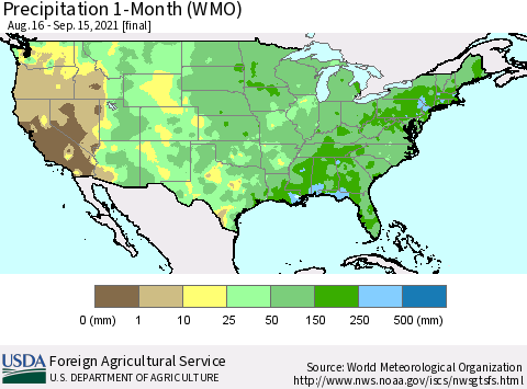 United States Precipitation 1-Month (WMO) Thematic Map For 8/16/2021 - 9/15/2021