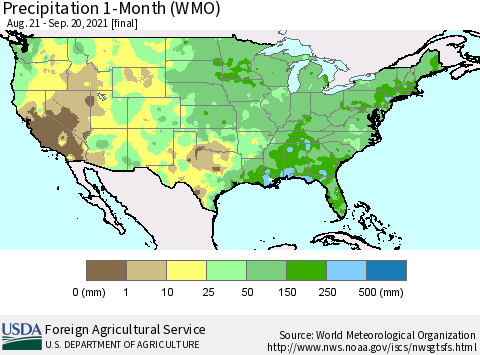 United States Precipitation 1-Month (WMO) Thematic Map For 8/21/2021 - 9/20/2021