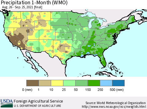 United States Precipitation 1-Month (WMO) Thematic Map For 8/26/2021 - 9/25/2021