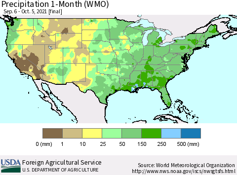 United States Precipitation 1-Month (WMO) Thematic Map For 9/6/2021 - 10/5/2021