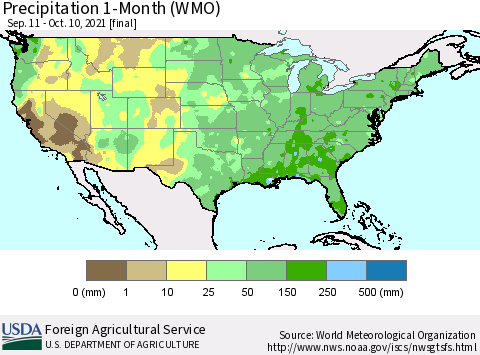United States Precipitation 1-Month (WMO) Thematic Map For 9/11/2021 - 10/10/2021