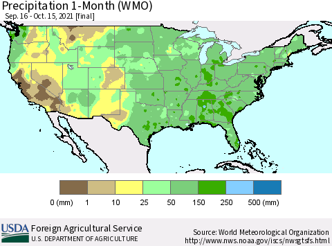United States Precipitation 1-Month (WMO) Thematic Map For 9/16/2021 - 10/15/2021