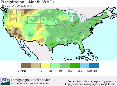 United States Precipitation 1-Month (WMO) Thematic Map For 9/21/2021 - 10/20/2021