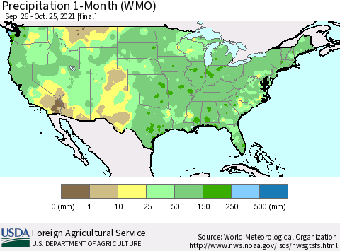 United States Precipitation 1-Month (WMO) Thematic Map For 9/26/2021 - 10/25/2021