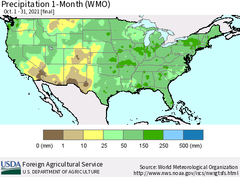 United States Precipitation 1-Month (WMO) Thematic Map For 10/1/2021 - 10/31/2021