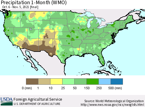United States Precipitation 1-Month (WMO) Thematic Map For 10/6/2021 - 11/5/2021
