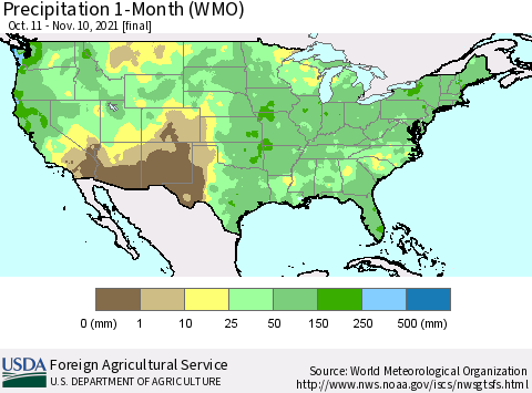 United States Precipitation 1-Month (WMO) Thematic Map For 10/11/2021 - 11/10/2021