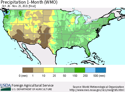 United States Precipitation 1-Month (WMO) Thematic Map For 10/26/2021 - 11/25/2021