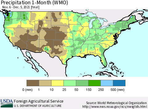 United States Precipitation 1-Month (WMO) Thematic Map For 11/6/2021 - 12/5/2021
