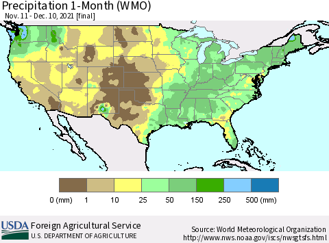 United States Precipitation 1-Month (WMO) Thematic Map For 11/11/2021 - 12/10/2021