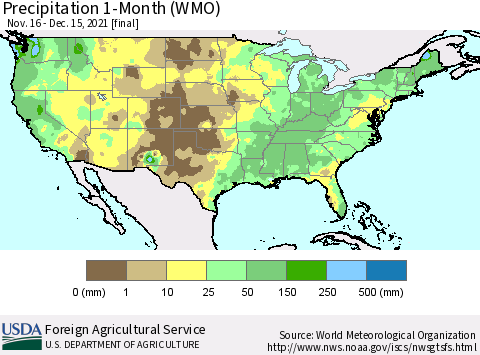 United States Precipitation 1-Month (WMO) Thematic Map For 11/16/2021 - 12/15/2021