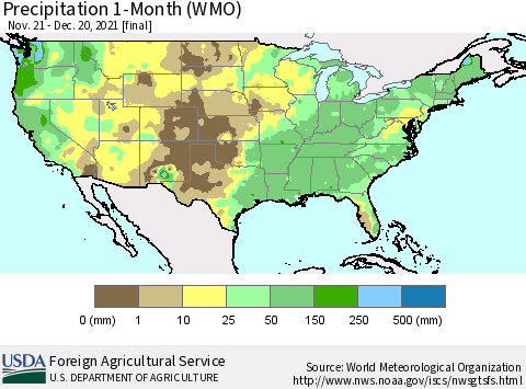 United States Precipitation 1-Month (WMO) Thematic Map For 11/21/2021 - 12/20/2021