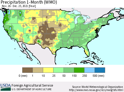 United States Precipitation 1-Month (WMO) Thematic Map For 11/26/2021 - 12/25/2021