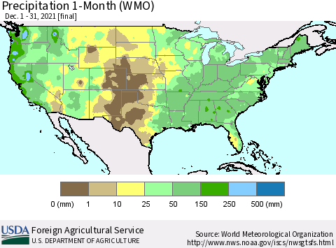 United States Precipitation 1-Month (WMO) Thematic Map For 12/1/2021 - 12/31/2021