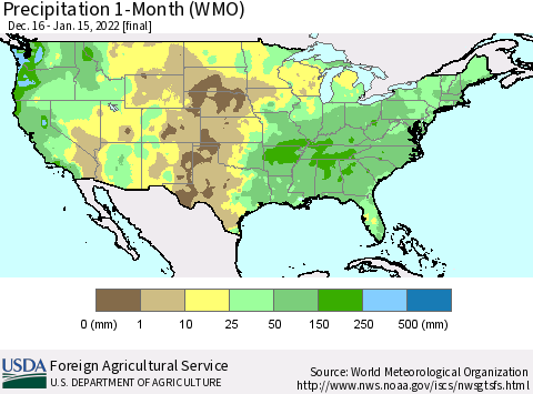 United States Precipitation 1-Month (WMO) Thematic Map For 12/16/2021 - 1/15/2022