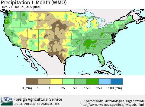 United States Precipitation 1-Month (WMO) Thematic Map For 12/21/2021 - 1/20/2022