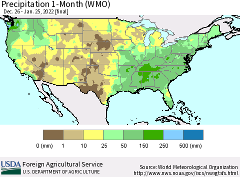 United States Precipitation 1-Month (WMO) Thematic Map For 12/26/2021 - 1/25/2022
