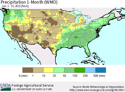United States Precipitation 1-Month (WMO) Thematic Map For 1/1/2022 - 1/31/2022