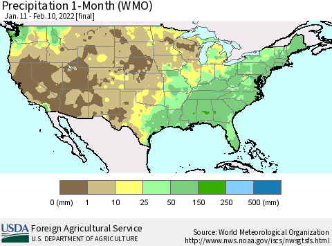 United States Precipitation 1-Month (WMO) Thematic Map For 1/11/2022 - 2/10/2022
