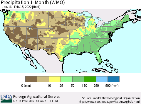 United States Precipitation 1-Month (WMO) Thematic Map For 1/16/2022 - 2/15/2022