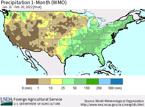 United States Precipitation 1-Month (WMO) Thematic Map For 1/21/2022 - 2/20/2022