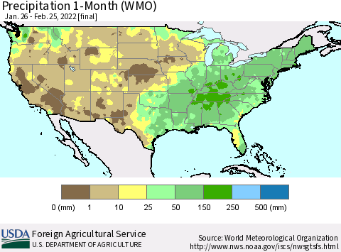 United States Precipitation 1-Month (WMO) Thematic Map For 1/26/2022 - 2/25/2022
