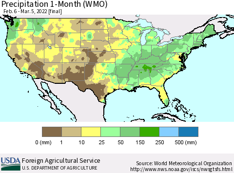 United States Precipitation 1-Month (WMO) Thematic Map For 2/6/2022 - 3/5/2022